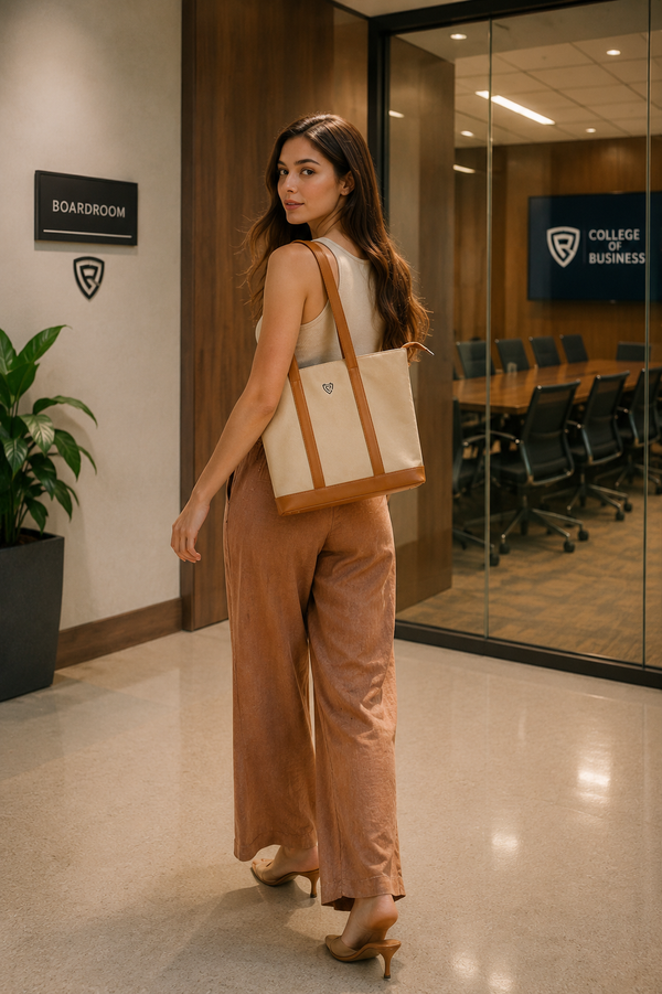 Working woman with Gray Panda tote